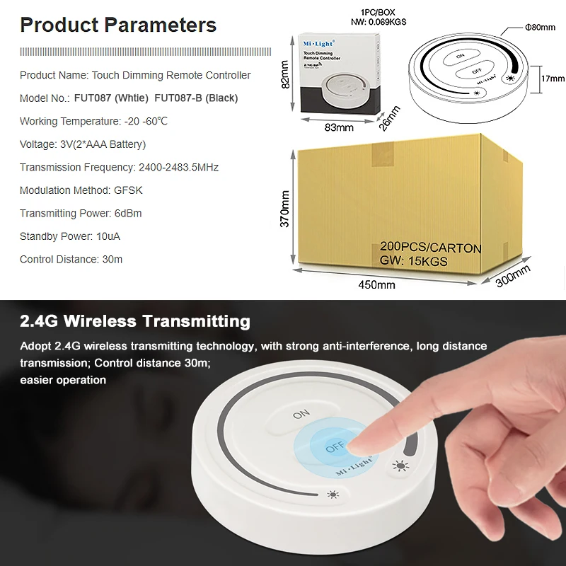 Miboxer FUT087 2.4GHz Wireless Touch Dimming Remote Dimmer Brightness Adjust LED Controller for Miboxer  Lamp Controller