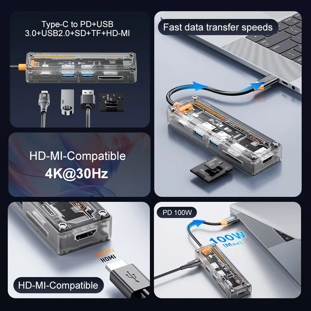 ASOMETECH 6 في 1 USB HUB Type-c إلى HDMI-متوافق 4K TF PD 100W محول لماك بوك برو USB 3.0 Hub ملحقات الكمبيوتر المحمول اللوحي #2