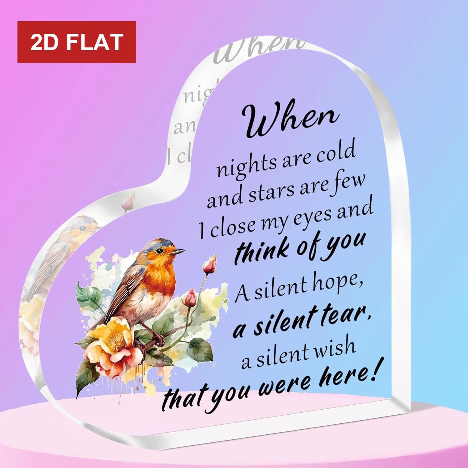 2D， Heart shaped acrylic desktop decoration - elegant flower and bird design, suitable for home decoration, holiday gifts
