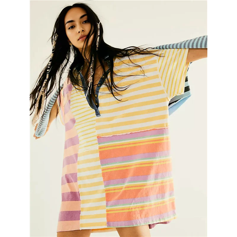 NEUE-Frauen Kontrast Gestreiften Babydoll Y2k Sommer Patchwork T-Shirt Kleid Vintage V-ausschnitt Kurzarm Kleid