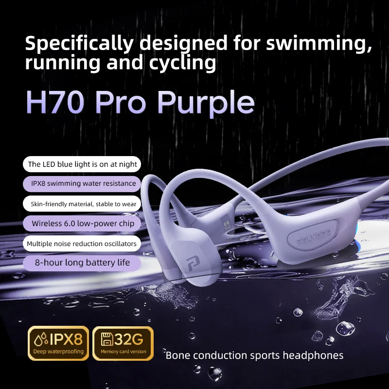 POLVCDG H70 Pro beengeleidingsoortelefoons voor zwemmen IPX8 waterdicht 32 GB geheugen Bluetooth 6.0 buitensporten hardlopen en fietsen
