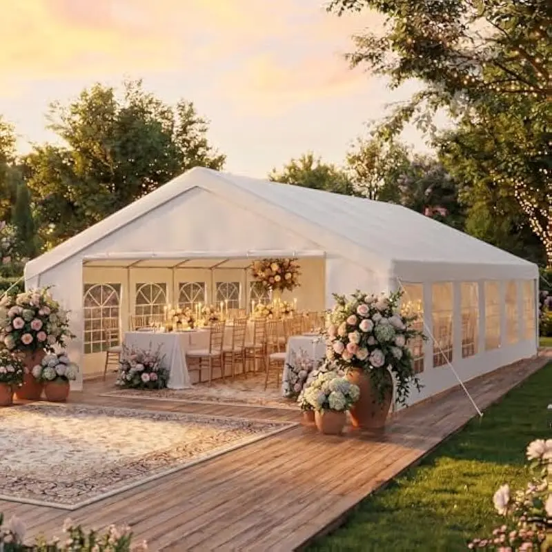 20x40 ft All-Weather Steel Frame Pavilion with Removable 130g PE Sidewalls, UPF 30+ Waterproof 180g Top Cover, 12 PVC Windows, D