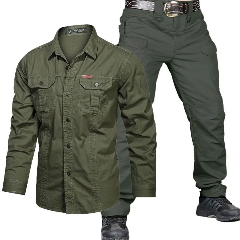 Military Cargo Sets Men Spring Autumn Multi-pocket Bomber Long Sleeves Shirts Wear-resistant Straight Pant 2 Pcs Army Flight Set