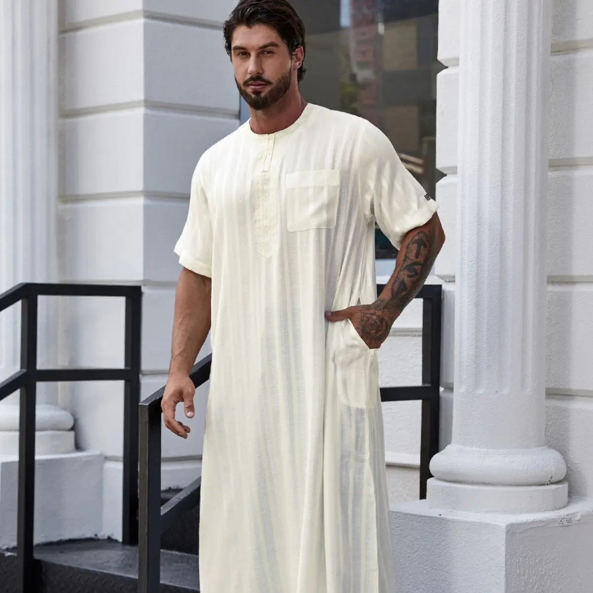 Batas de Color liso para hombre, ropa islámica árabe musulmana de manga corta con cuello redondo, Estilo Vintage saudita Jubba Thobe