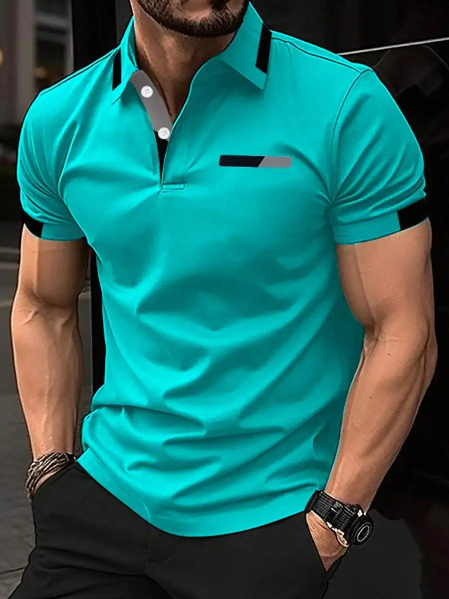 Men's Teal Colorblock Short Sleeve Casual Polo Shirt for Summer