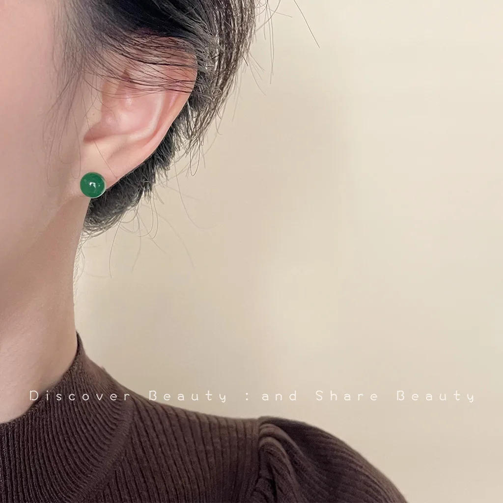 DIY accessories New Chinese-style green agate stud earrings for women's simple and versatile high-end earrings, retro Hanfu cheo view 2