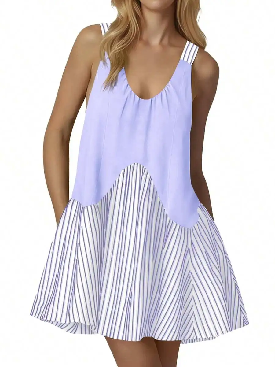 

Women Sleeveless V Neck Striped Patchwork A Line Mini Dress With Pockets
