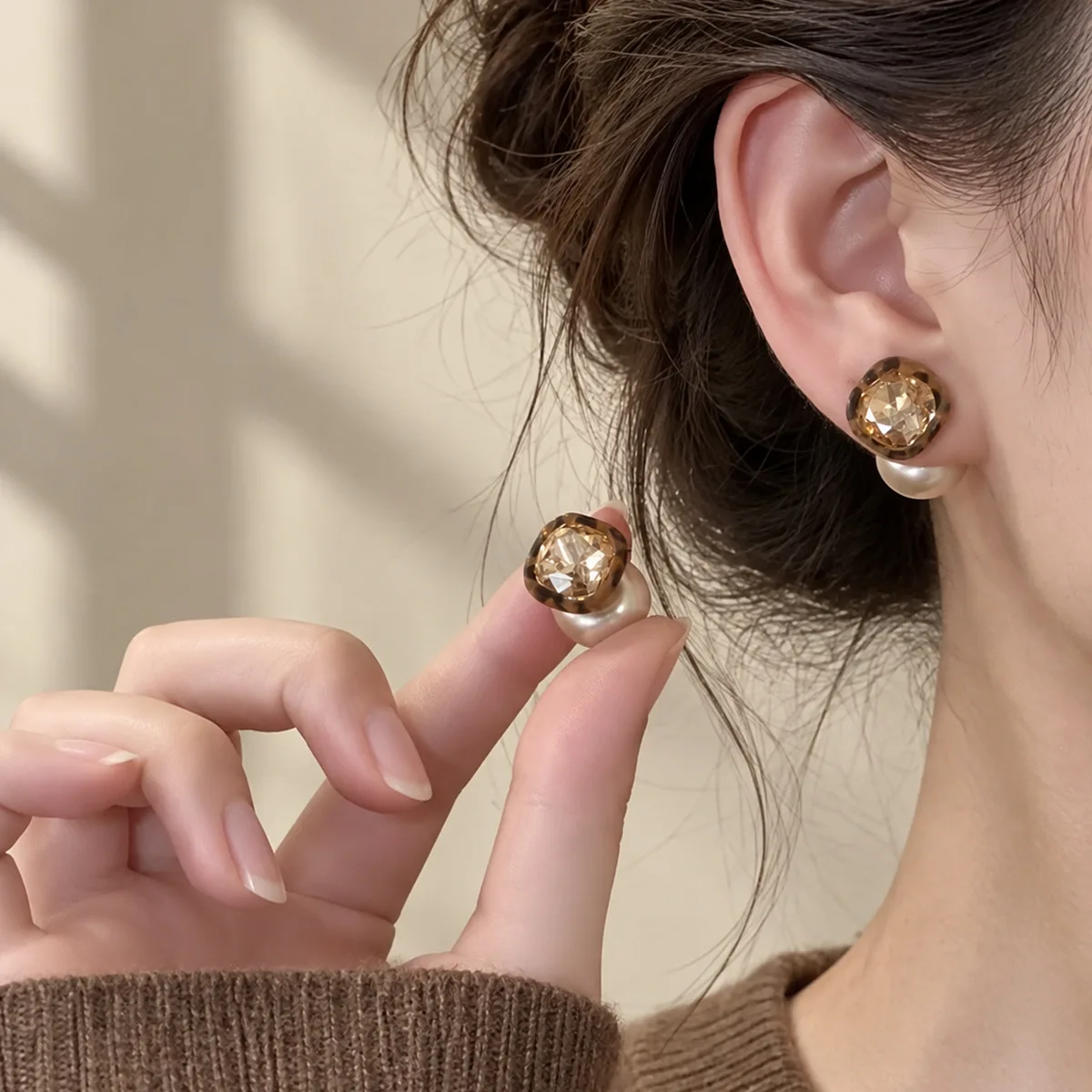 Earrings Leopard Print Geometric Square Rhinestone French Chic Champagne Faux Pearl Convertible Versatile Women Daily Party Gift