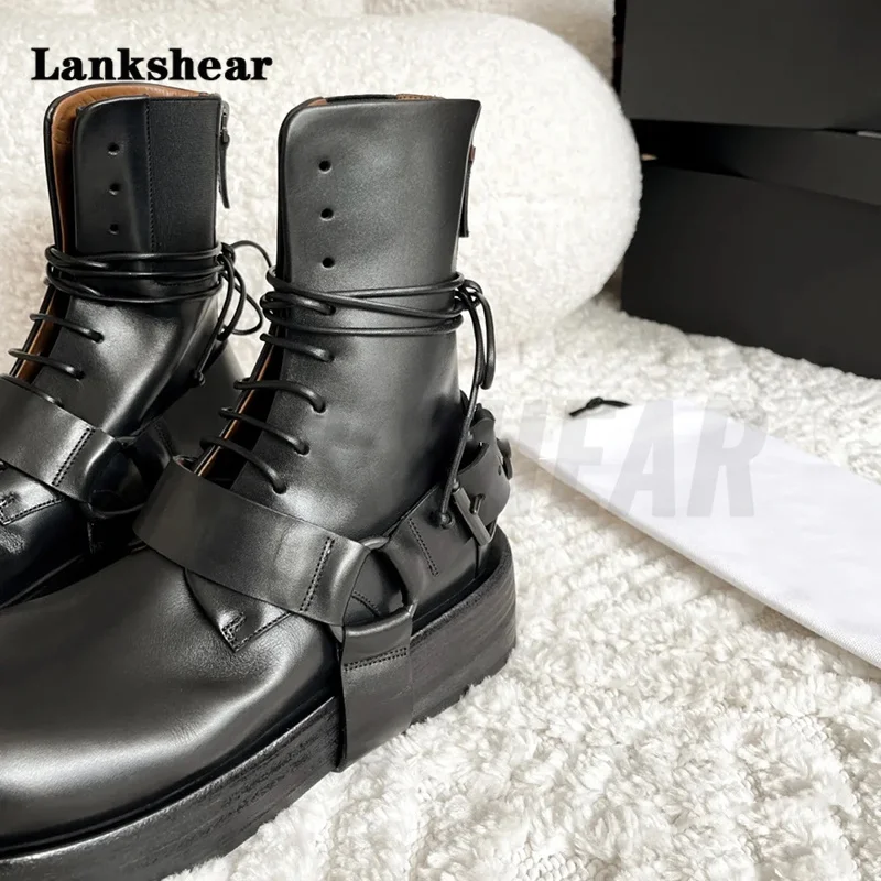 Thick-Soled Lace-Up Motorcycle Boots Women\'s Autumn Winter Mid-Heel Sling Rear Zipper Leather Buckle Decoration Lace-Up Boots