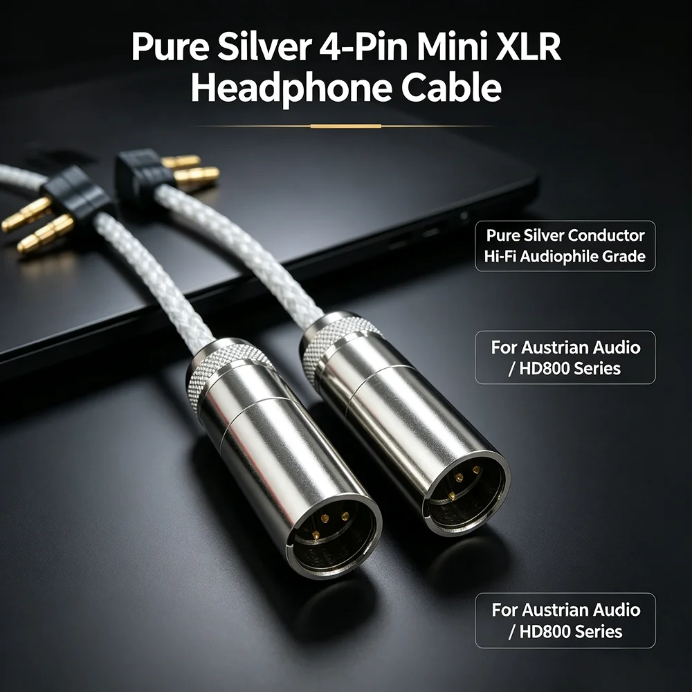 Pure Silver 4Pin Mini XLR With 3.5mm Adapter Headphone Cable Professional Monitoring Audio Wire For Austrian Audio HD800 ED15