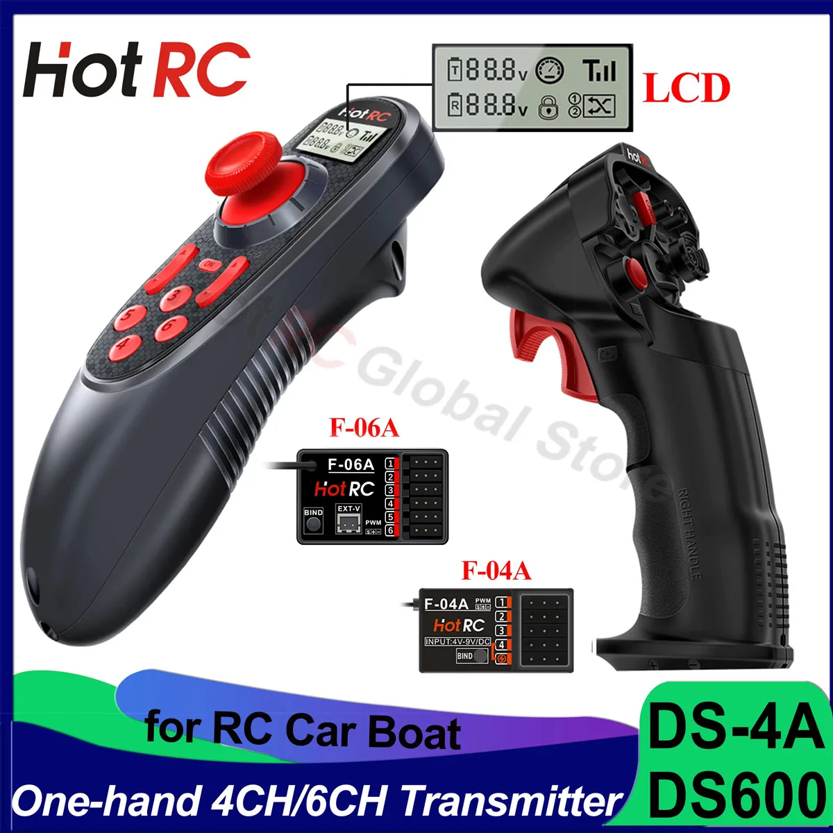 

HotRC DS4A DS600 4/6 Channels One-handed Operation RC Radio Transmitter with Receiver for RC Car Boat Robot Airplane Toys