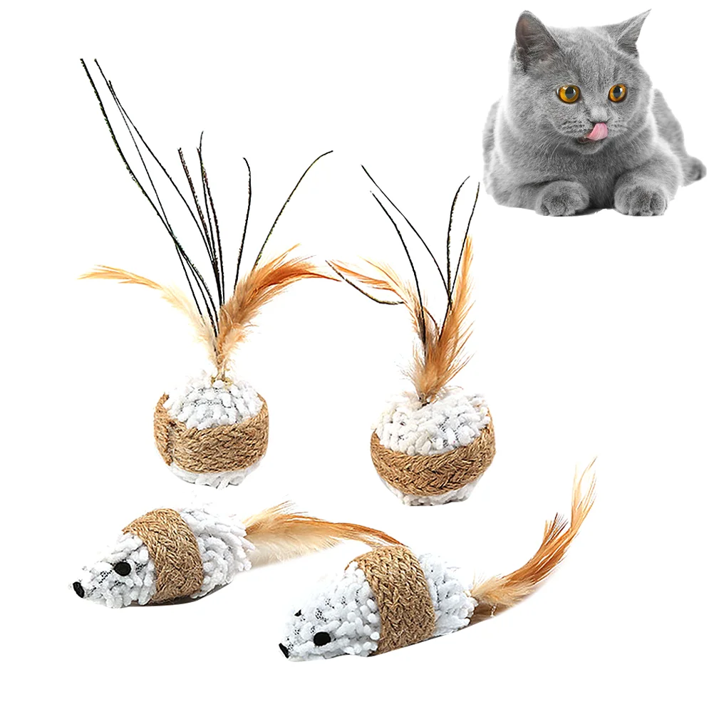 

4pcs Plush Mouse Toy Funny Feather Tail Mouse Cat Playing Props Cat Teaser Creative Ball Interactive Toy (2pcs Mouse, 2pcs Ball)