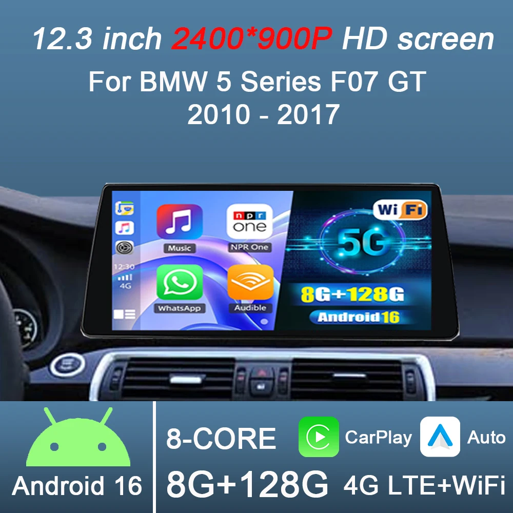 Android 16 Carplay Auto para BMW Serie 5 F07 GT 2010-2017 Sistema CIC NBT Radio para Auto Reproductor Multimedia Estéreo GPS WIFI DPS