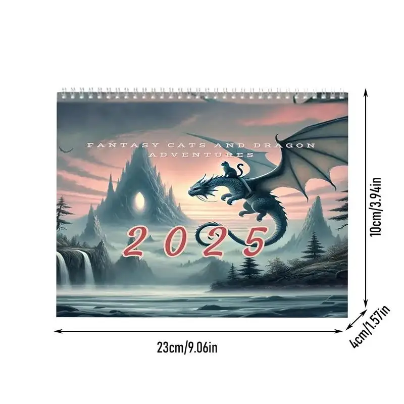 2025 Cat Riding Dragon Calendar 12 months ​Wall Mounted Cat Flying Dragon Calendar Pendant 2025 New Year Family Calendar