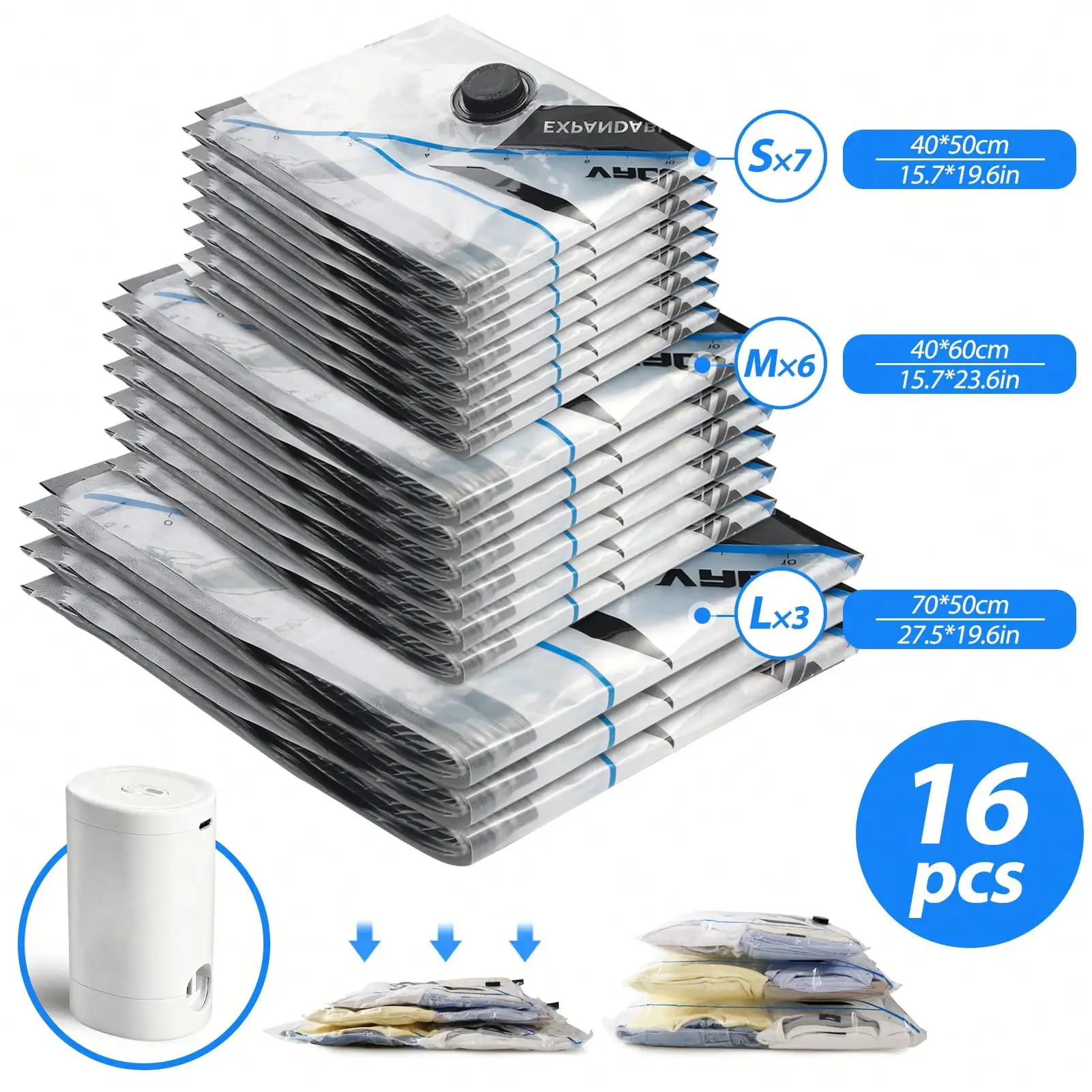 16/15/12-Pack Vacuum Seal Storage Bags With Rechargeable Wireless Pump, Assorted Small, Medium, Large Sizes, Space-Saving Vacuum