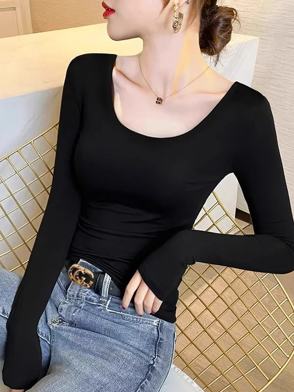 

Женская базовая футболка Fenixuan Modal с длинным рукавом и низким вырезом, весна-осень, новая модель, черная, универсальная, для ношения под одеждой