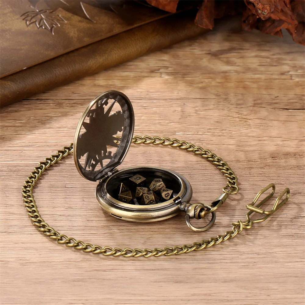 Vintage Pocket Watch Case with Mini Dice Set Fob Chain Pendant Pocket Clock Shell Entertainment Game Role-Playing Storage Case - view 5