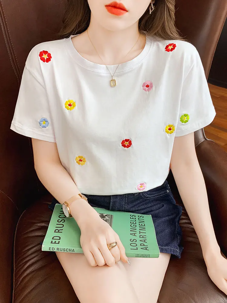 Women Short Sleeve T-shirts Sweet Girls Summer Loose Flower Embroidered Trendy Tops Soft Ulzzang Tees Females 2023