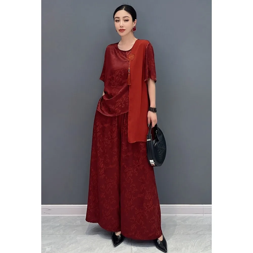 

2024 Summer New Women Pant Set Chinese Style Satin Jacquard Splice Top + Wide Leg Pants Two Piece Set ZF110