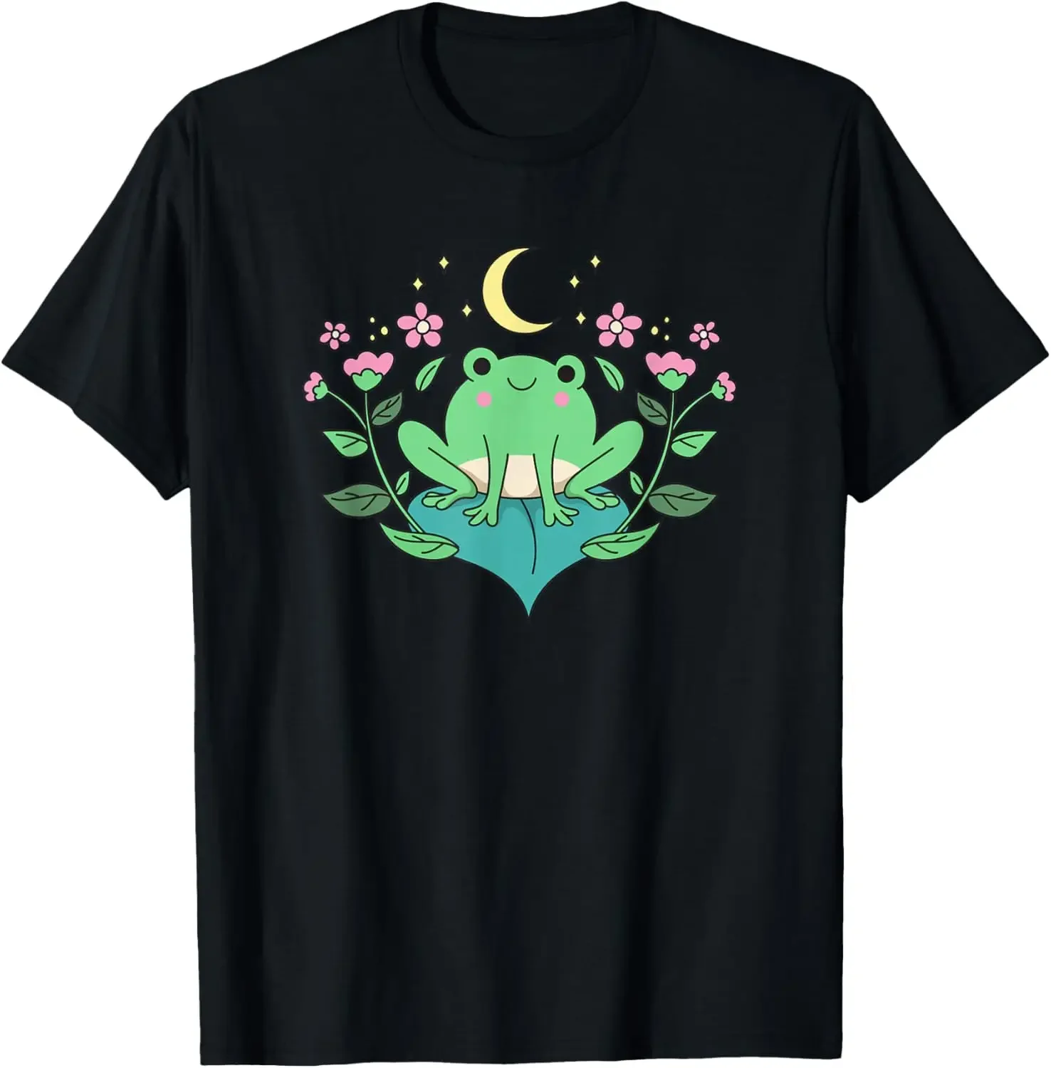 

Cottagecore Frog Sitting on Leaf Crescent Moon Graphic Tee Soft Breathable Cotton T-Shirt