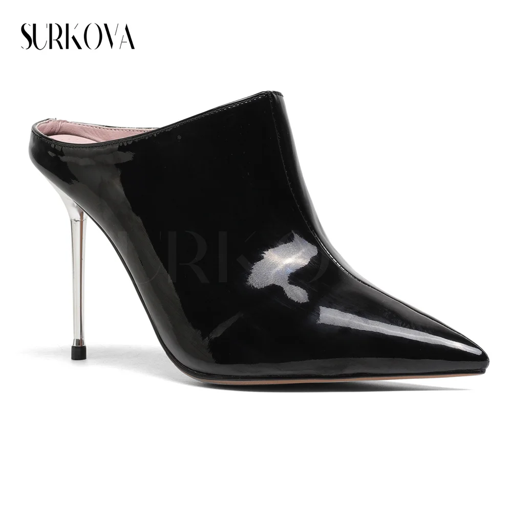 

Half Slipper Style Fashion Stiletto 2023 New Pointed Toe Leather High Heels Pumps Women's Shoes Glossy Patent Leather Heels