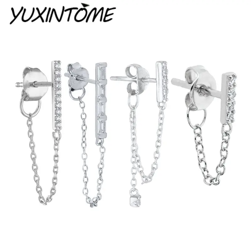 

925 Sterling Silver Needle Advanced Geometric Design Straight Zircon Chain Stud Earrings Pendant Women's Wedding Jewelry Gifts
