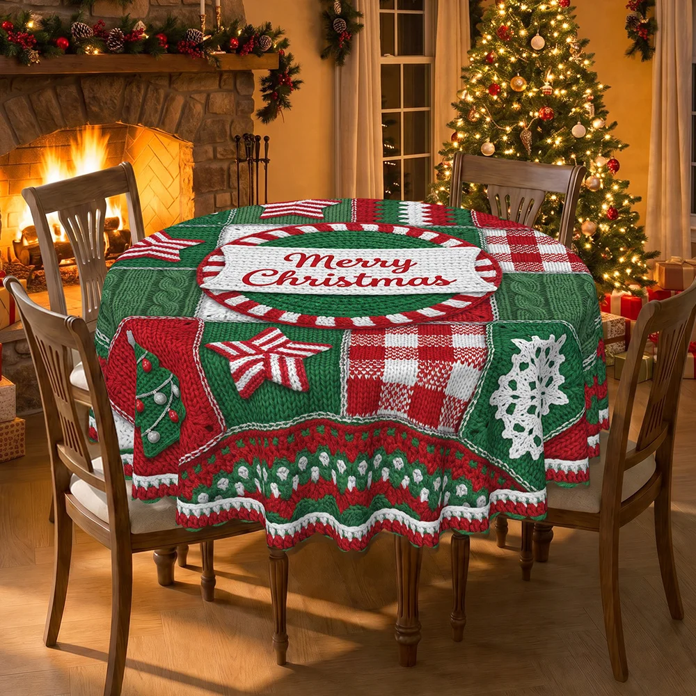 Christmas style snowflake star tree polyester printed tablecloth, round table cover, suitable for indoor and outdoor use