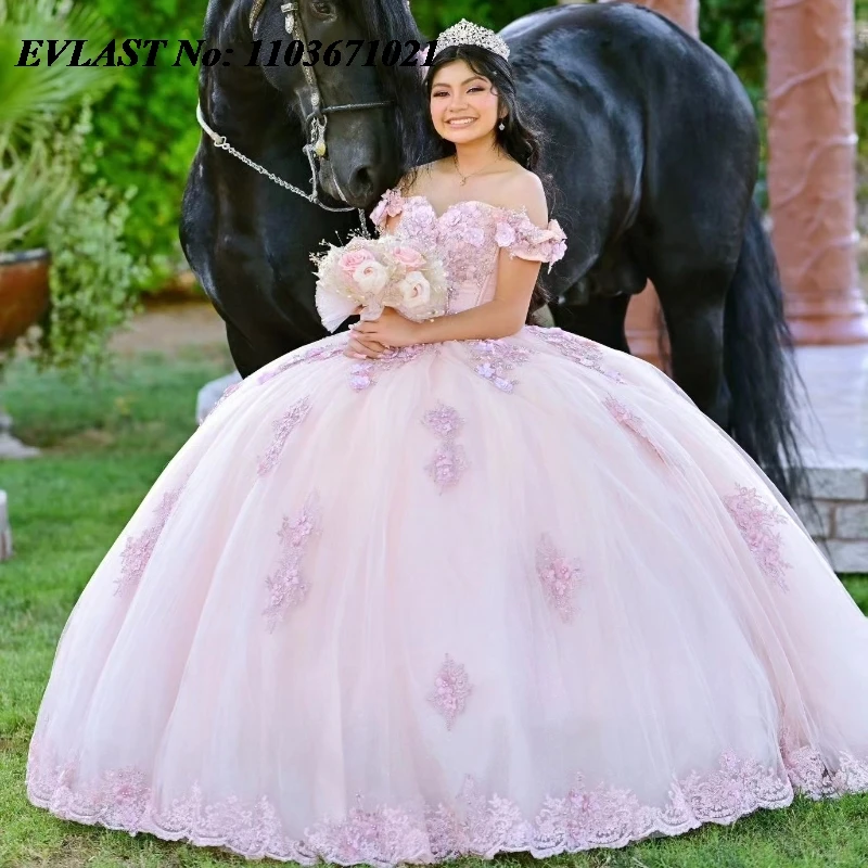 

EVLAST Customized Blush Pink Quinceanera Dress Ball Gown Lace Applique Beaded Mexican Corset Sweet 16 Vestidos De 15 Anos SQ525