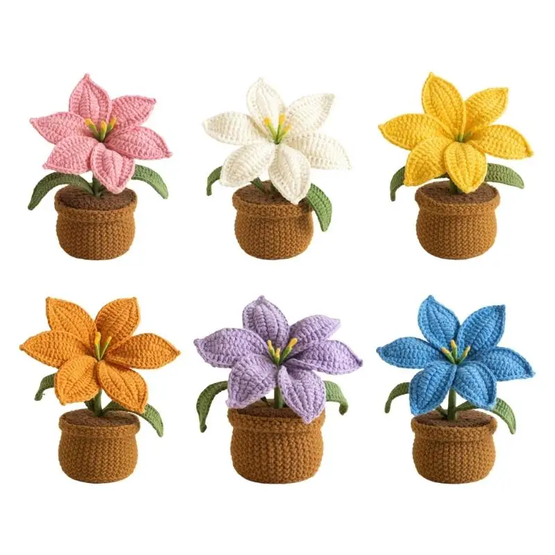 Crochet Lilies Potted Plant Ornament Handcrafted Knitting Flower Pot Home Decors No Maintenance Needs Perfect Party Gift D2RD