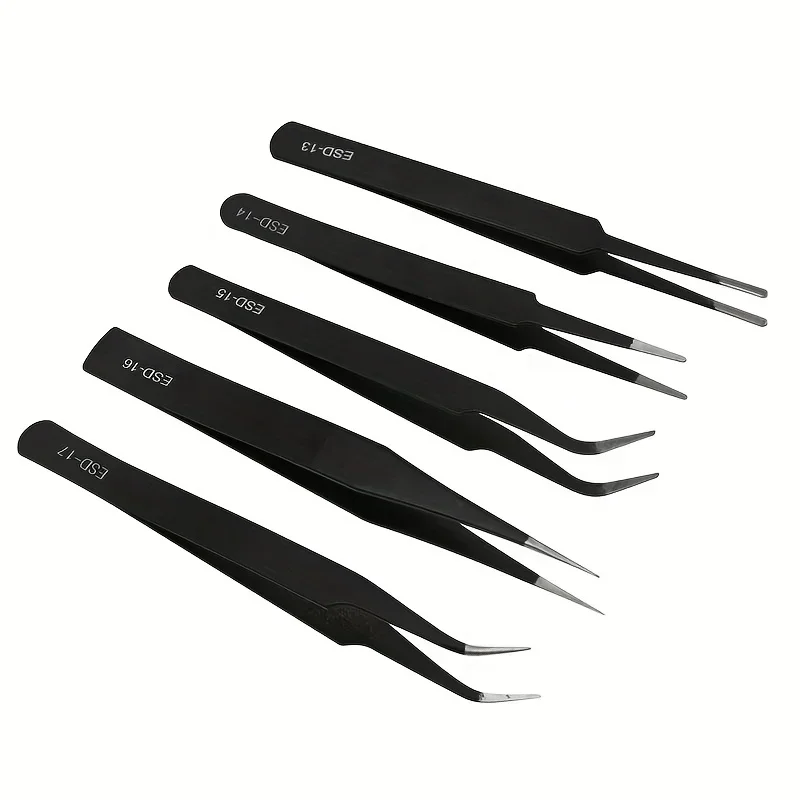 Precision ESD anti-static tweezers set -6-pc durable stainless steel tool for electronic repair and process modeling, bending&St