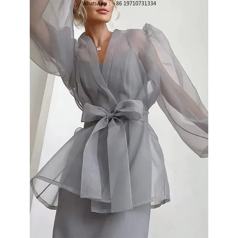Women V Neck Sheer Blouse Puff Sleeve Lace Up Waist Elegant Spring Summer Commuting Casual Shirt Top