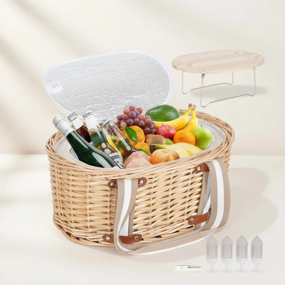 

Insulated Picnic Basket Set for 4 with Folding Wine Table - Complete Outdoor Dining Kit for Couples & Family