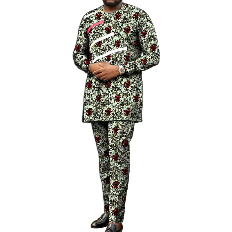 

Original Design Men’s African Print Clothes Stripe Patchwork Process Shirt Patch Elastic Waist Pants Tailored Party Outfits