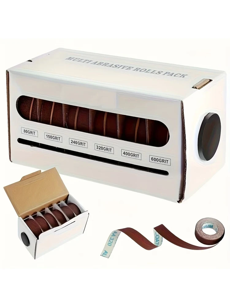 Aluminum Oxide Sandpaper Roll Kit with Dispenser, 6 Rolls 6m (80/150/240/320/400/600 Grit), Heavy-Duty Fabric Backed, Color-Code