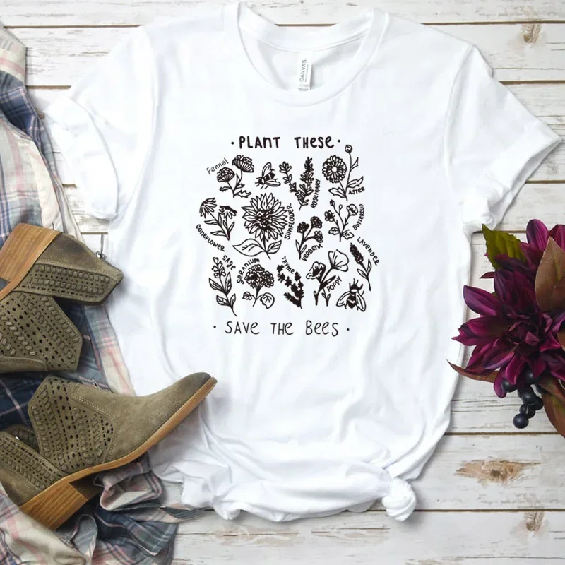 Plant These Harajuku Tshirt Women Causal Save The Bees T-shirt Cotton Wildflower Graphic Tees Woman Unisex Clothes Drop Shipping