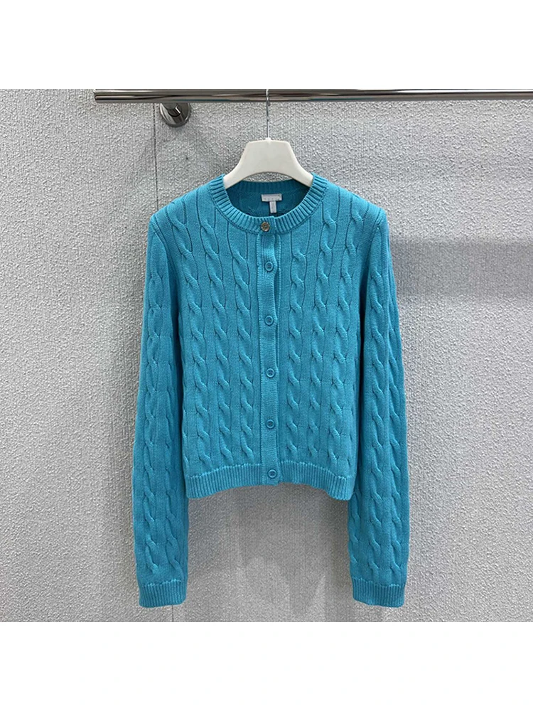 

SVORYXIU Spring Autumn Fashion Sky Blue Casual Cardigan for Women with Round Neck Long Sleeves Loose Single Button Design