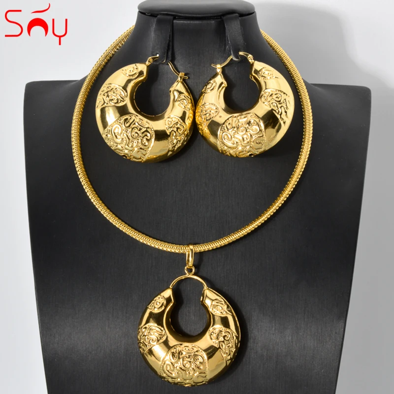 

Sunny Jewelry Sets for Women Dubai Gold Color Round Pendant Necklace Earrings African Copper Geometric Jewellery Wedding Gift