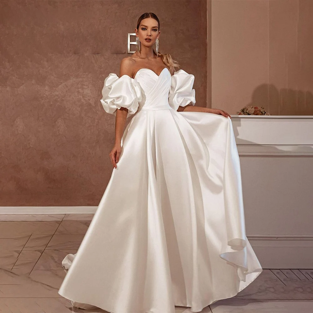 Elegant Wedding Dress Sweetheart Pleat Removable Sleeve Satin Lace Up Back Sweep Train Bridal Gowns Robe  De Mariee Custom Made