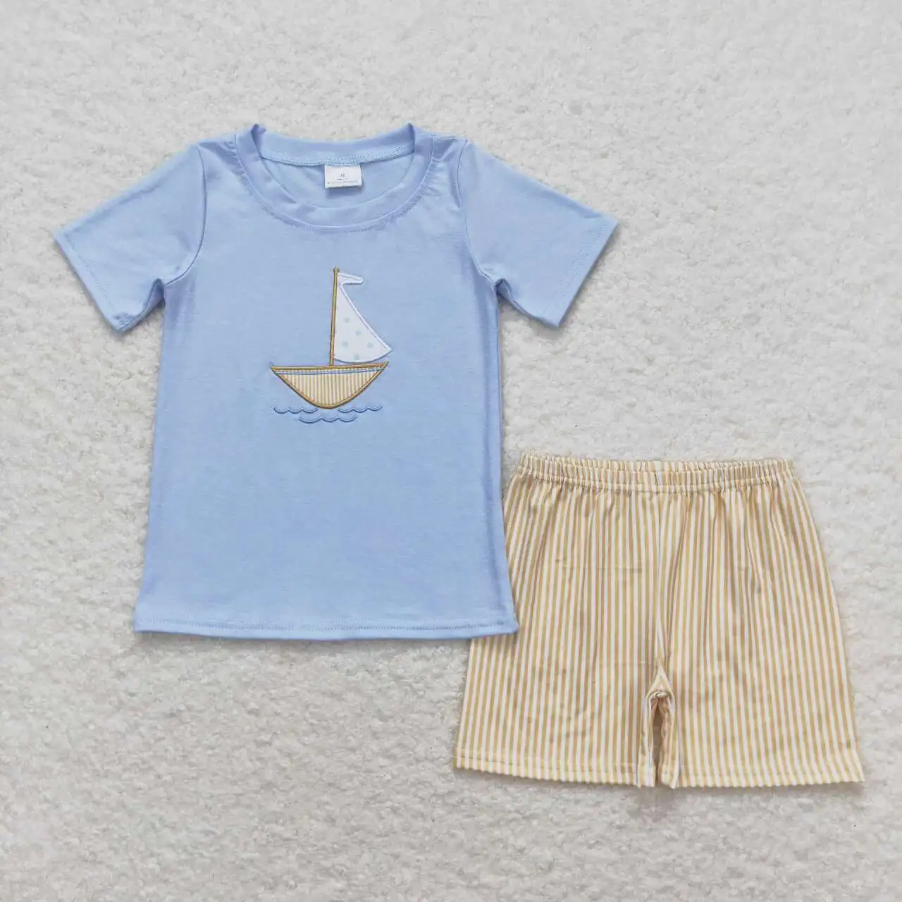 

Toddler boys embroidery sailboat Outfits Baby Short Sleeves Top yellow shorts Kids summer Clothing Wholesale boutique sets