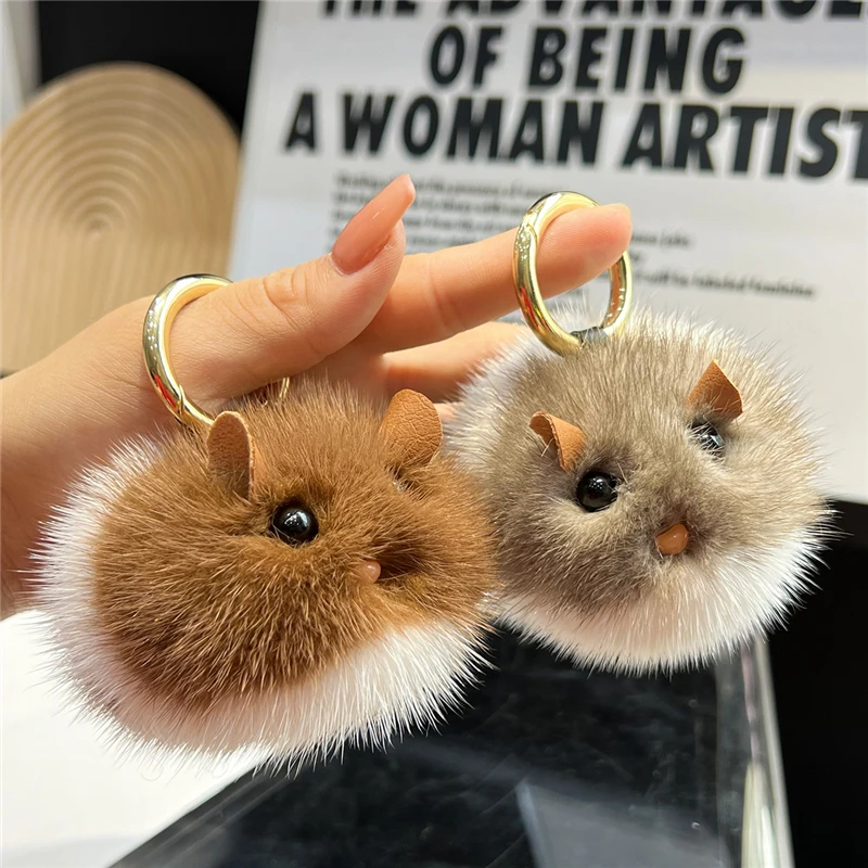 Plush Real Mink Fur Keychain Cute Hamster Toy Kids Trinkets Women Handbag Charm Ornaments Car Keyring Pendant Girl Birthday Gift