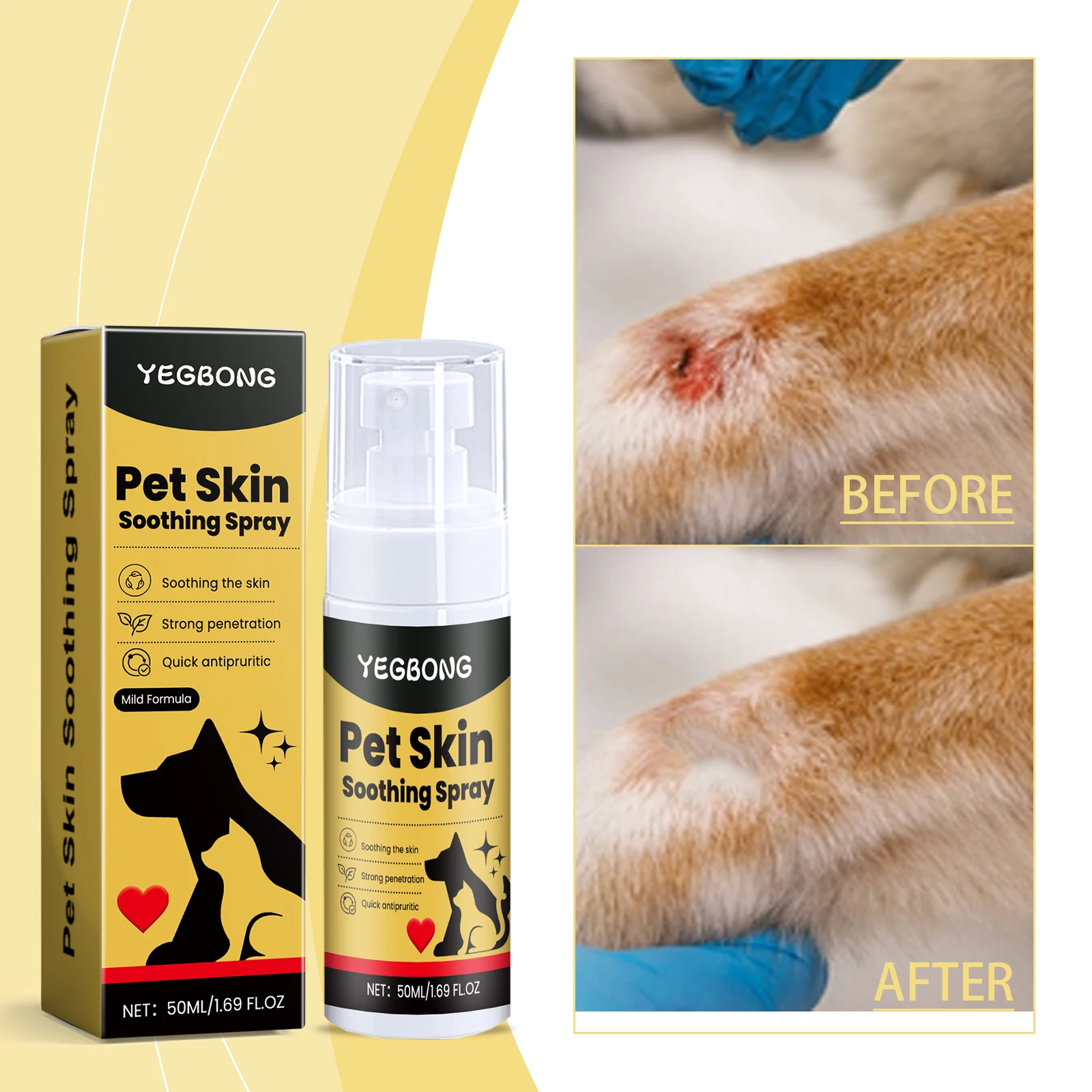 Spray Calmante para Piel de Mascotas Yegbong, Alivio del Picor, Esencia Herbal, No Irritante, Reparación de la Piel, Spray para el Cuidado de Mascotas, Gatos y Perros, Limpieza de la Piel