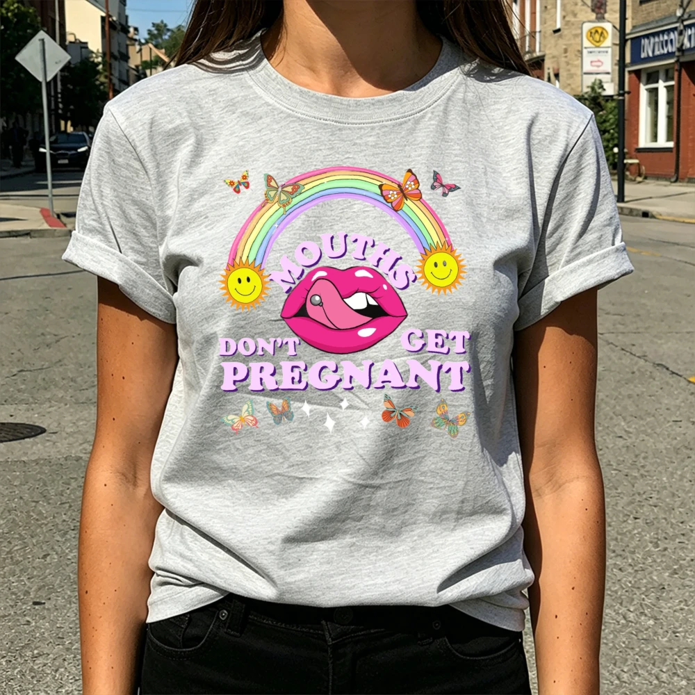 Mouths Don't Get Pregnant Rainbow Butterfly Lips T Shirt Women Retro Groovy Smiley Sun Graphic Tee Soft Cotton Short Sleeve