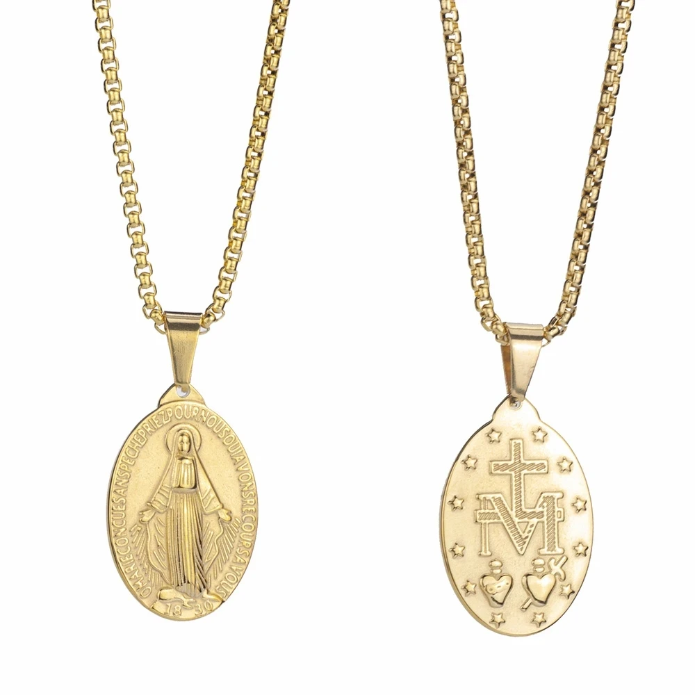 Collar de Medalla de la Virgen María de Color dorado, collar con colgante de la Virgen María de acero inoxidable para hombres y mujeres, gargantilla con medallón cruzado