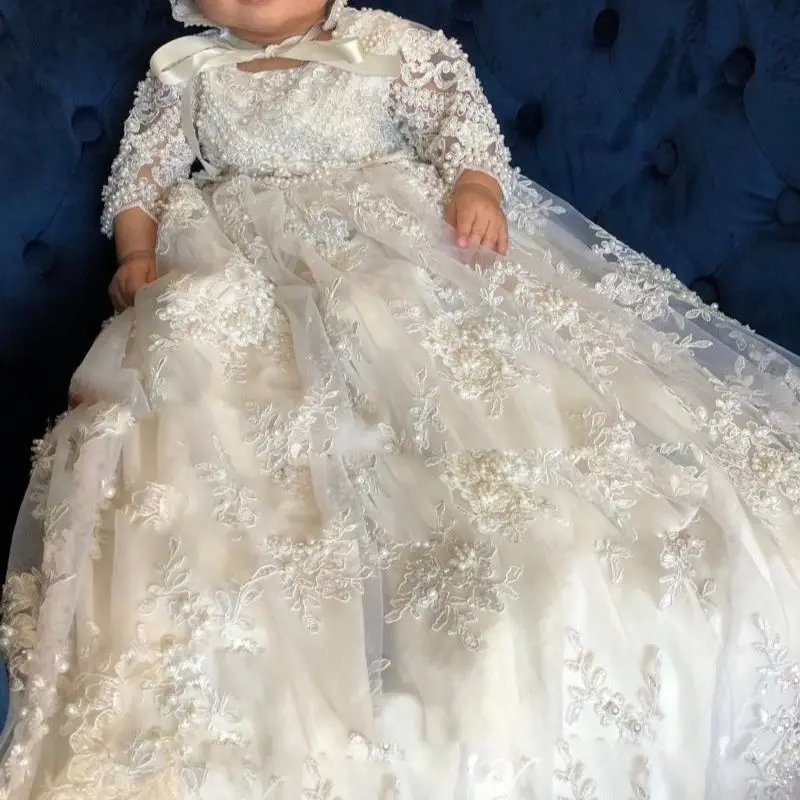 Customized Baby Infant Girls Christening Gowns With Lace Applique Baptism Dress High Quality 3m-24m Flower Girl Baptism