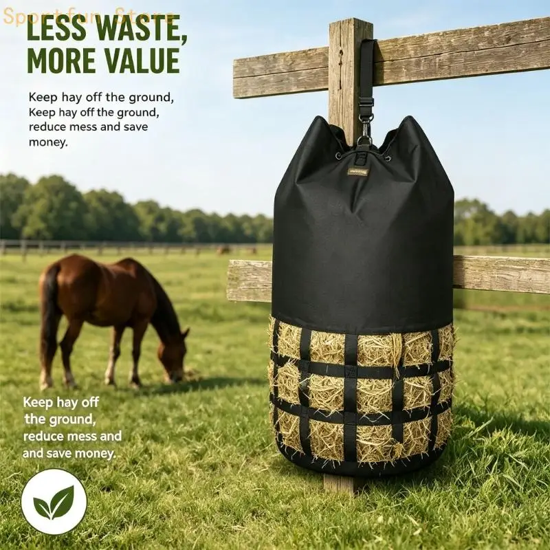Hanging Fodder Feeder for Horses, Sheep, Donkeys and Cattle with Adjustable Strap, Detachable Hook and Multiple Lower Openings