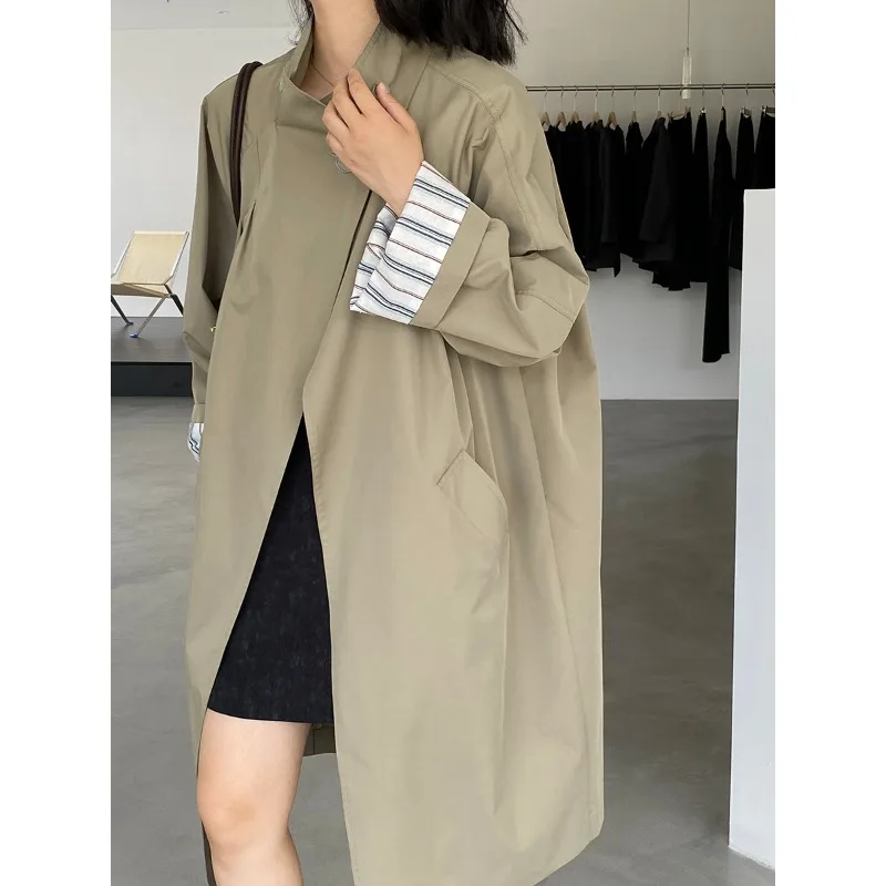 معطف طويل بزر واحد، بلوزة نسائية مخططة كبيرة الحجم ذات طبقات أنيقة