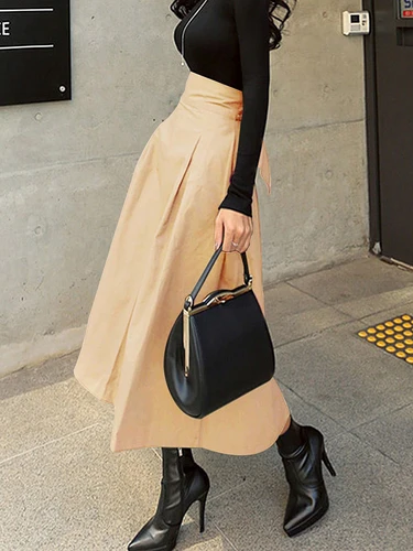 Imagen 2 del producto Faldas acampanadas lisas con estilo para mujer, falda larga de cintura elástica alta de estilo escolar Preppy con lazo, ropa de mujer, faldas para mujer