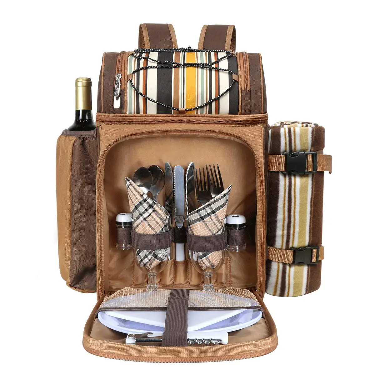 Picnic Basket Backpack 2 Insulated Cooler Compartments Wine Holder Fleece Blanket Cutlery Set-Polyester Camping Hiking