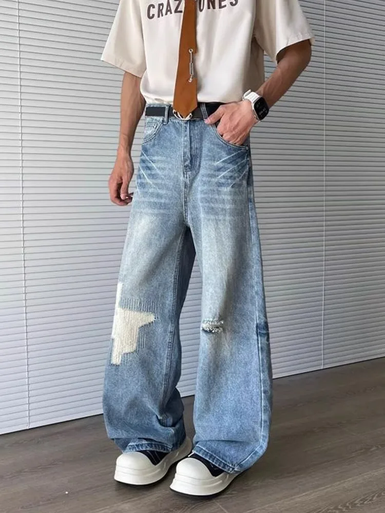 

Summer Men's Loose Straight Leg Jeans American Retro Waed Casual Design Sense Lightning Pattern Wide Leg Pants