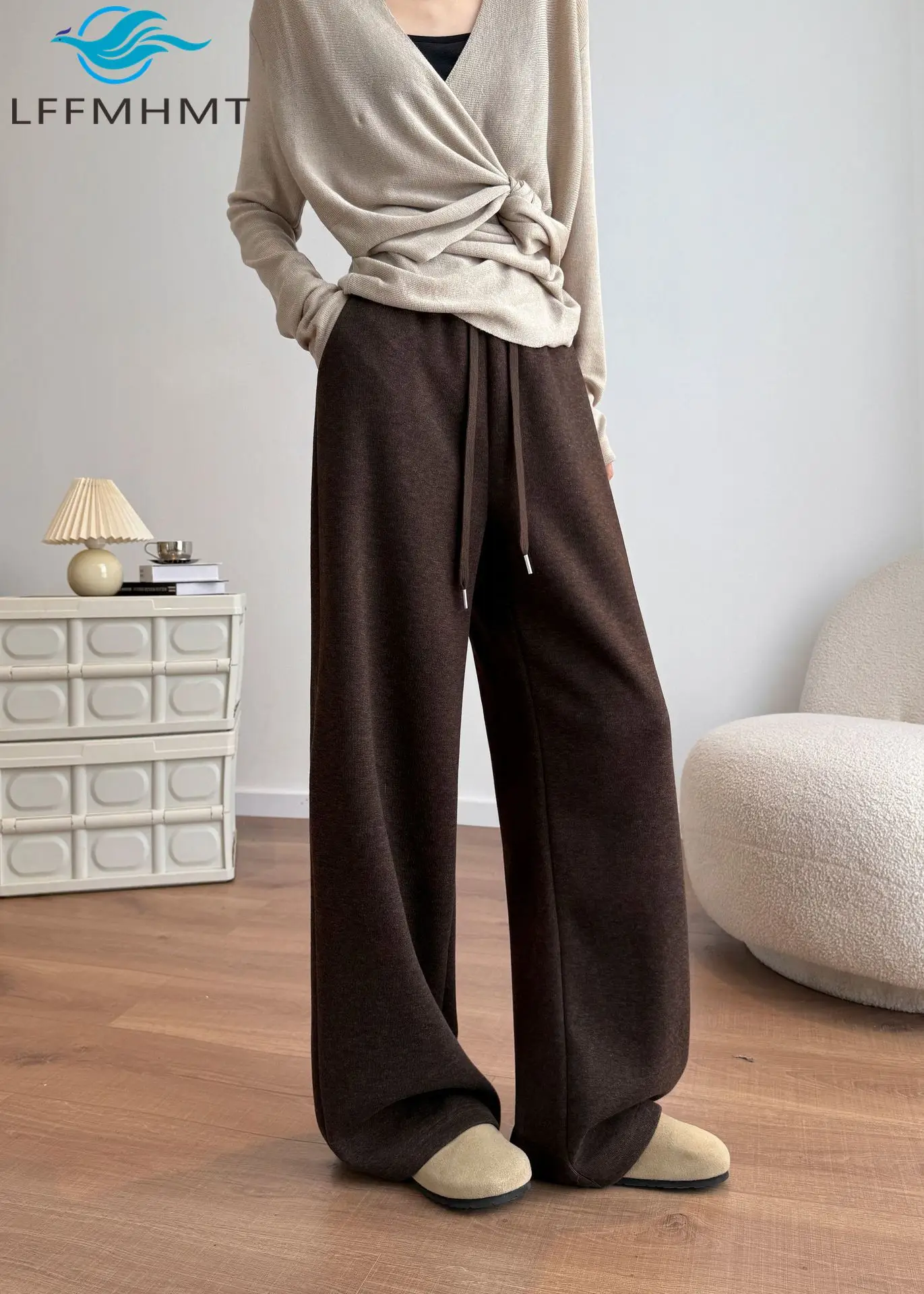 

White Acelate Wool Pants for Women Good Quality Winter Autumn Fashion Wide Leg Drape Soft Comfortable Straight Trouser Female